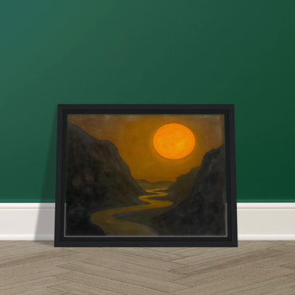 A glowing sun hovers over a winding river cutting through dark mountain valleys in a golden, dusky scene.