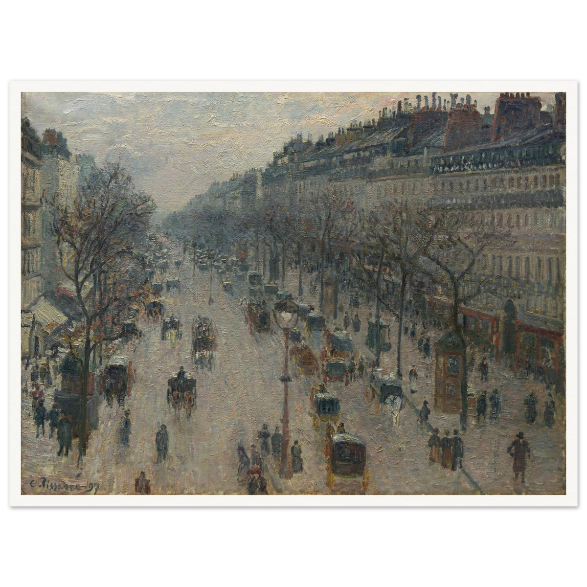 A busy Paris boulevard with carriages, figures, bare trees, and gray winter light.