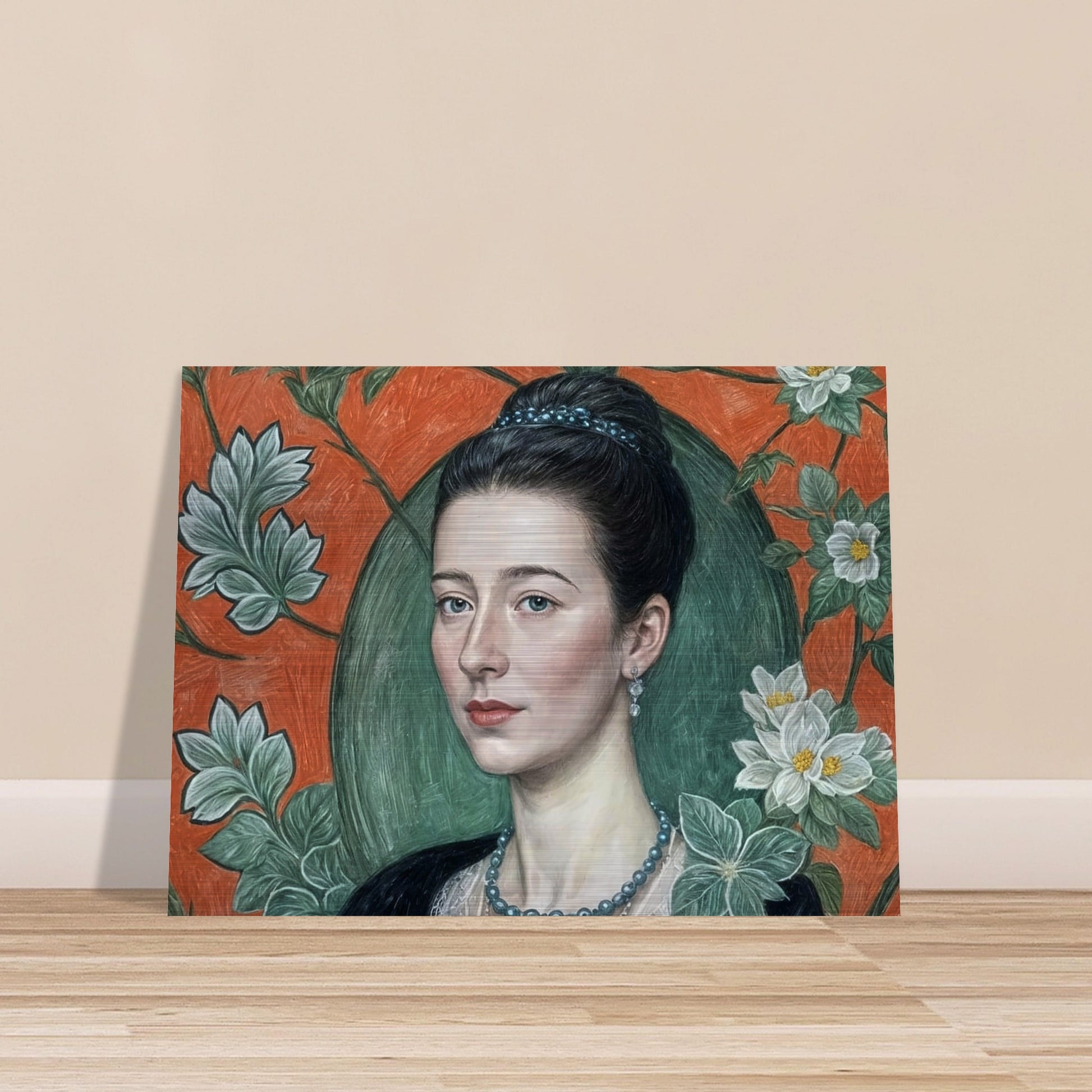 Realistic portrait of a woman with a calm expression, surrounded by intricate floral patterns in soft green and orange tones