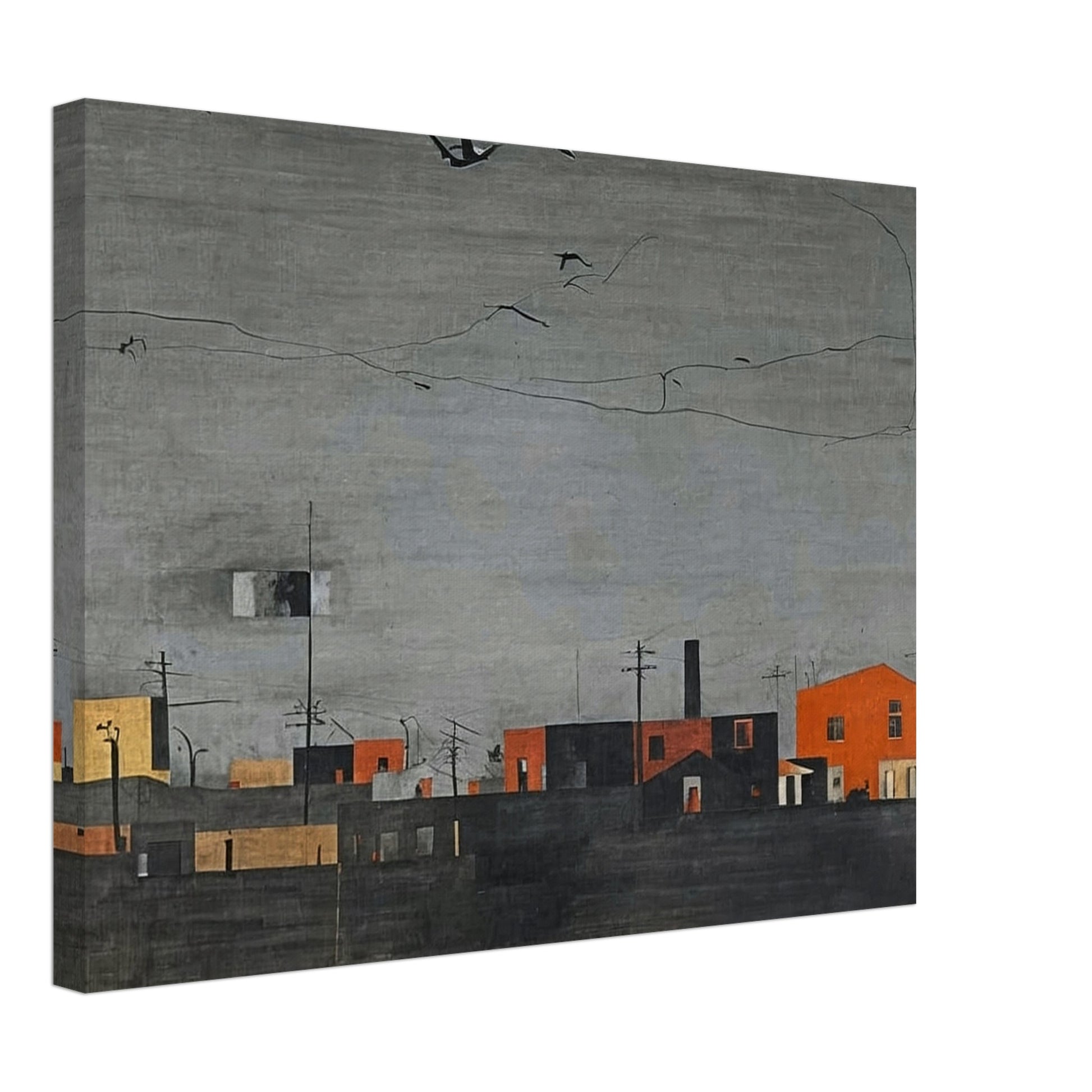 A muted, minimalist townscape with orange and black buildings under a gray sky. Birds are flying overhead, adding a sense of quiet desolation.