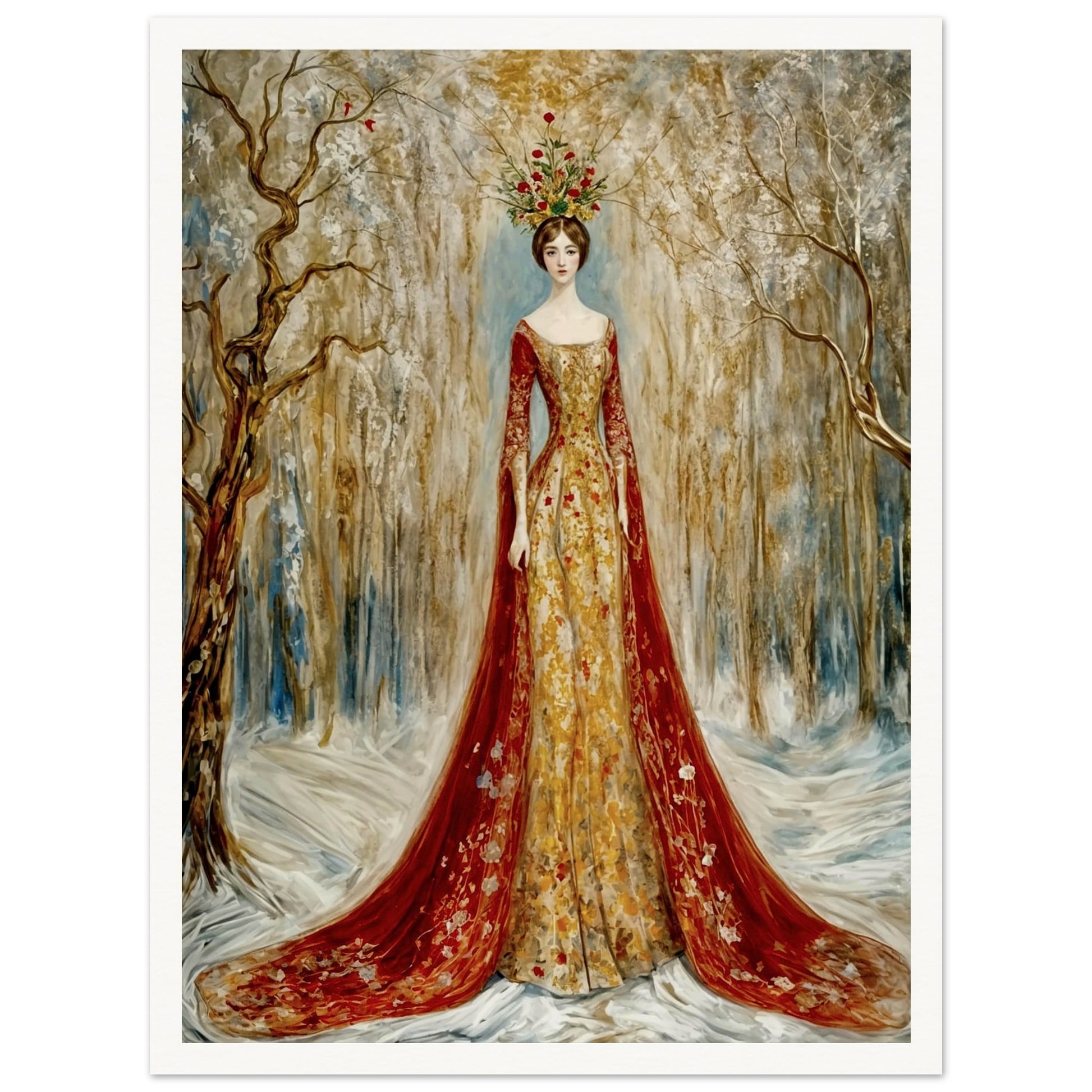 A regal woman in a golden gown with a flowing red train, crowned with a floral headpiece, standing in a snow-covered forest.