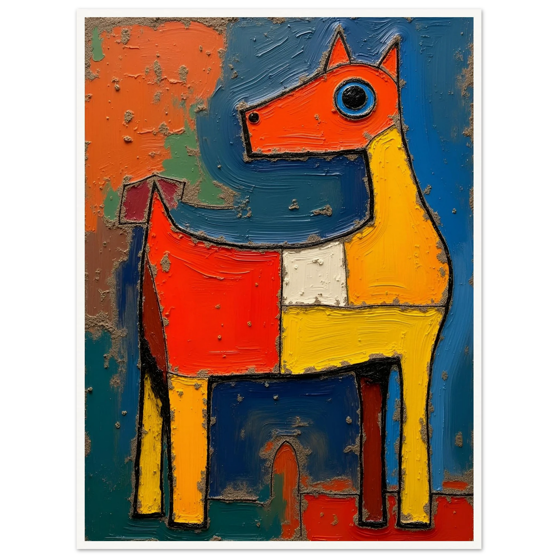 A bold, textured painting of a stylized horse in bright red, yellow, and blue tones, radiating playful and untamed energy.