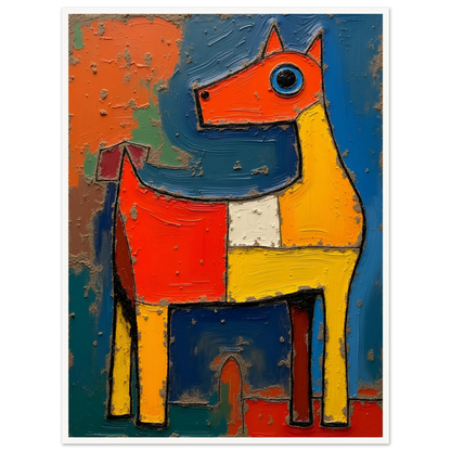 A bold, textured painting of a stylized horse in bright red, yellow, and blue tones, radiating playful and untamed energy.