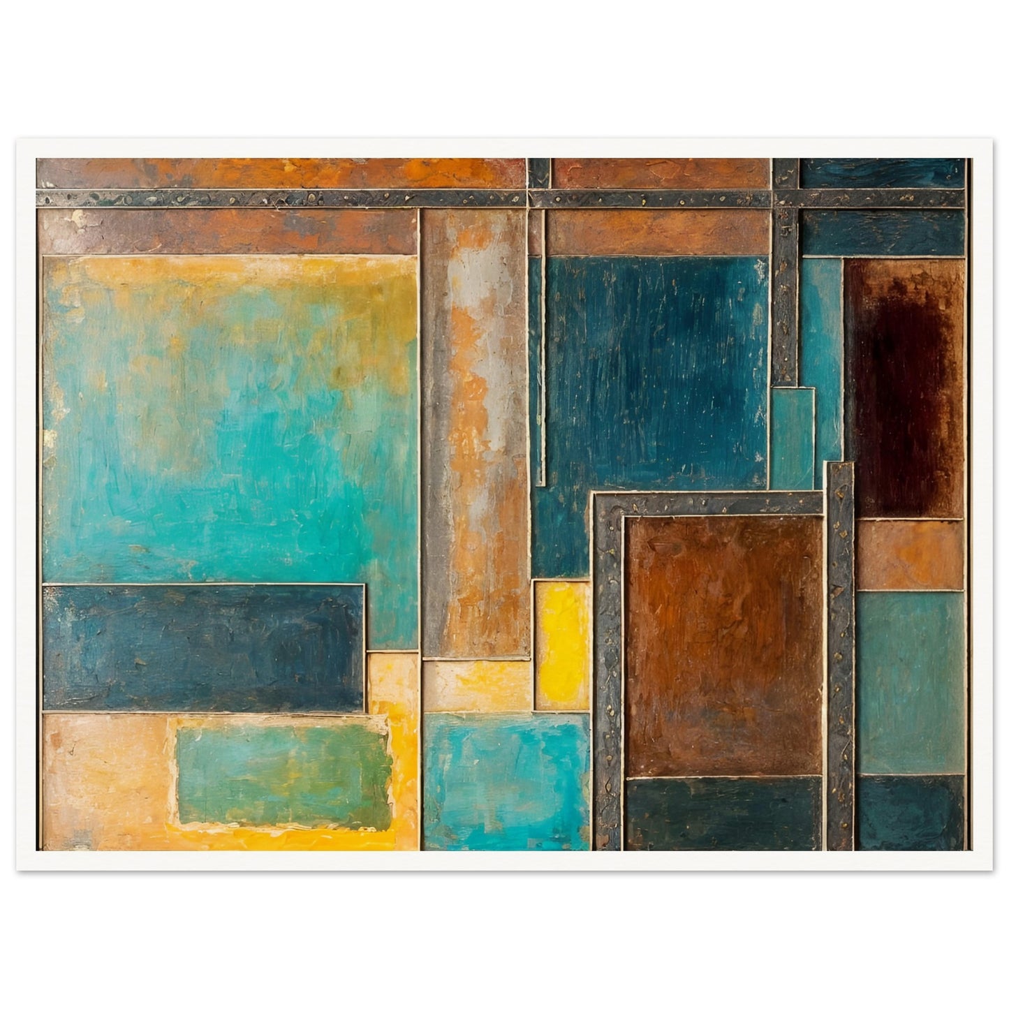 A textured painting featuring geometric metallic panels in earthy browns, deep blues, and golden yellows, evoking an industrial aesthetic.