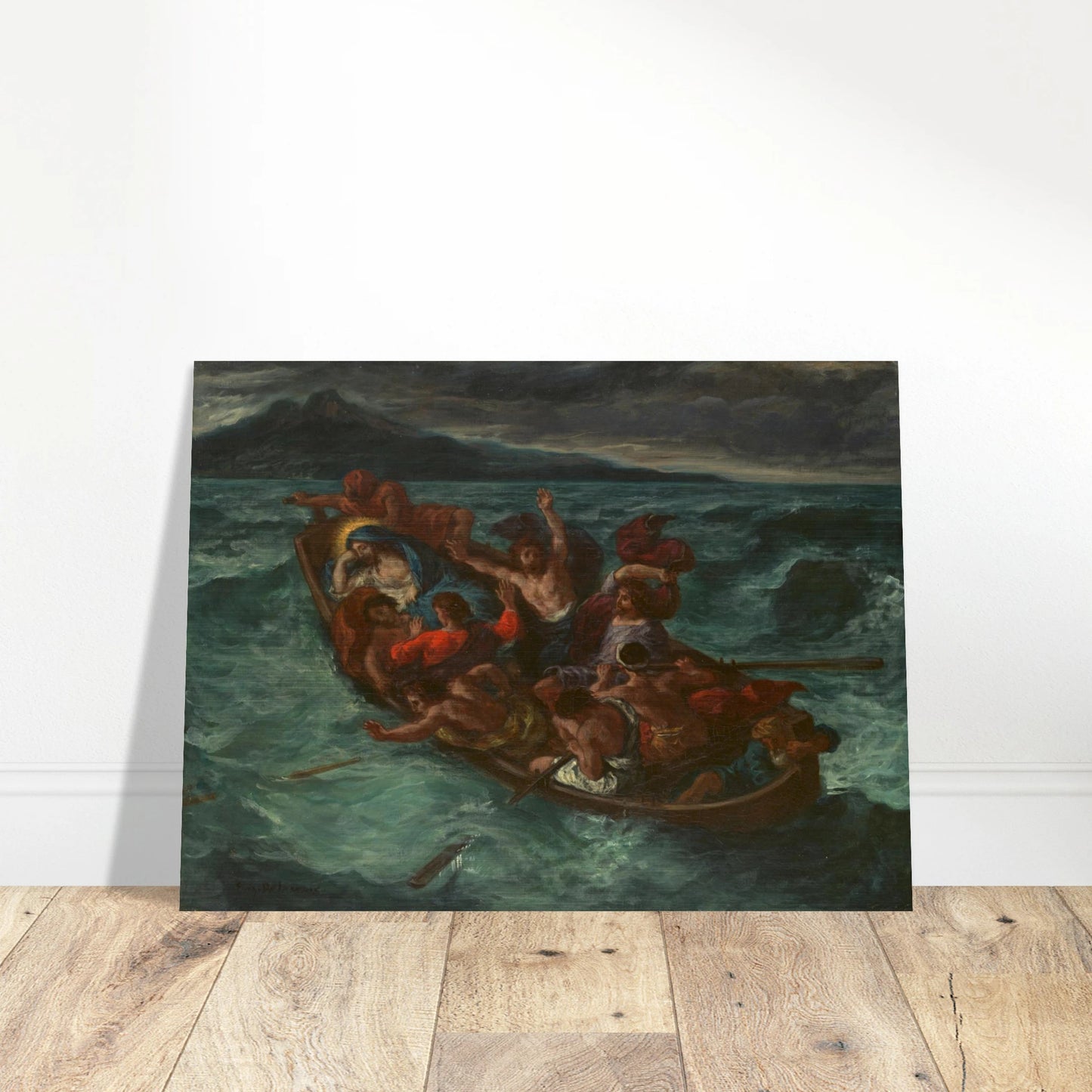 Christ sleeps in a crowded boat as terrified disciples struggle through a violent storm on a dark, churning sea.