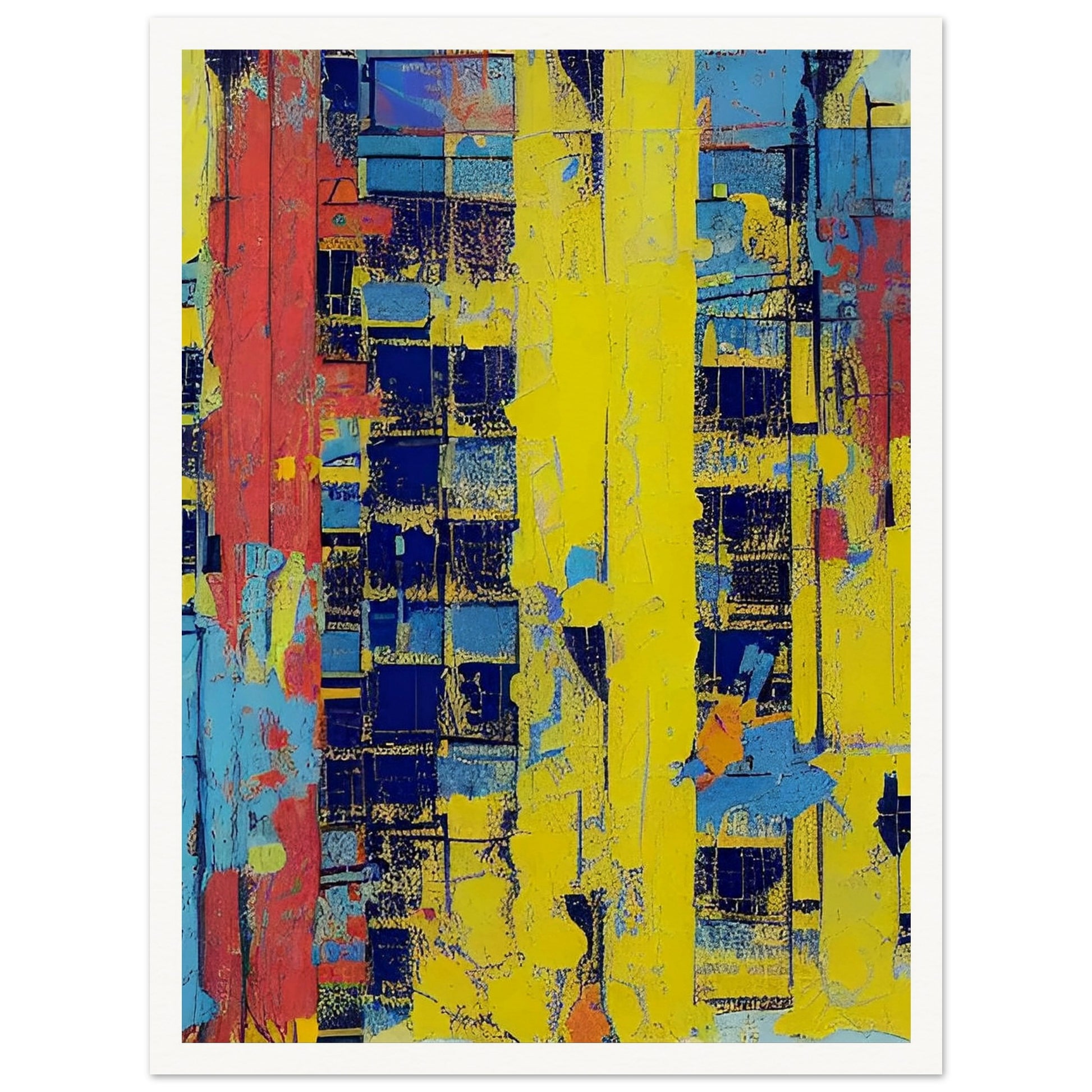 Vibrant abstract painting featuring bold strokes of red, yellow, and blue with a textured, geometric pattern.