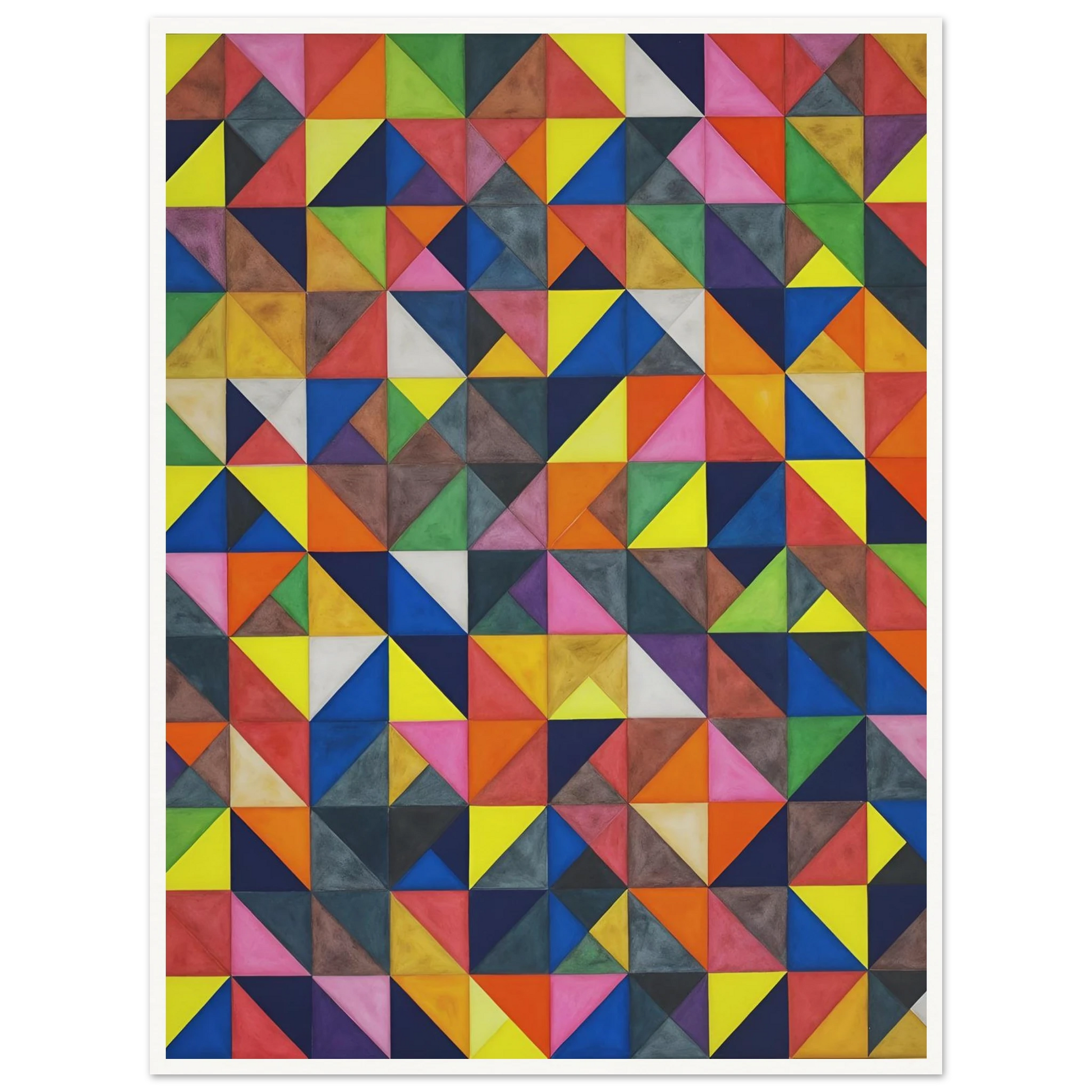 A vibrant grid of multicolored triangles forms an intricate mosaic of shifting patterns, blending symmetry, movement, and playful precision.