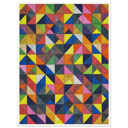 A vibrant grid of multicolored triangles forms an intricate mosaic of shifting patterns, blending symmetry, movement, and playful precision.