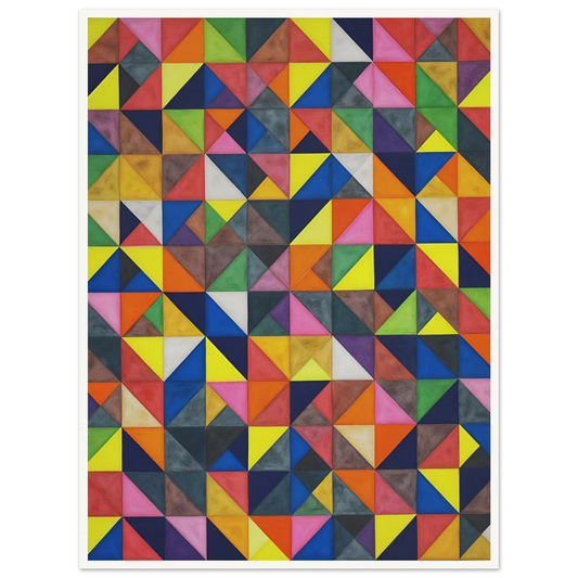 A vibrant grid of multicolored triangles forms an intricate mosaic of shifting patterns, blending symmetry, movement, and playful precision.