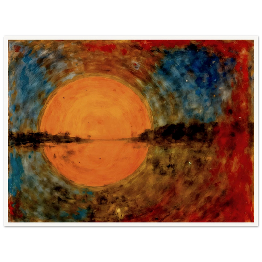 A radiant orange sun glows over reflective waters, framed by fiery reds, deep blues, and textured skies in a dreamlike scene.