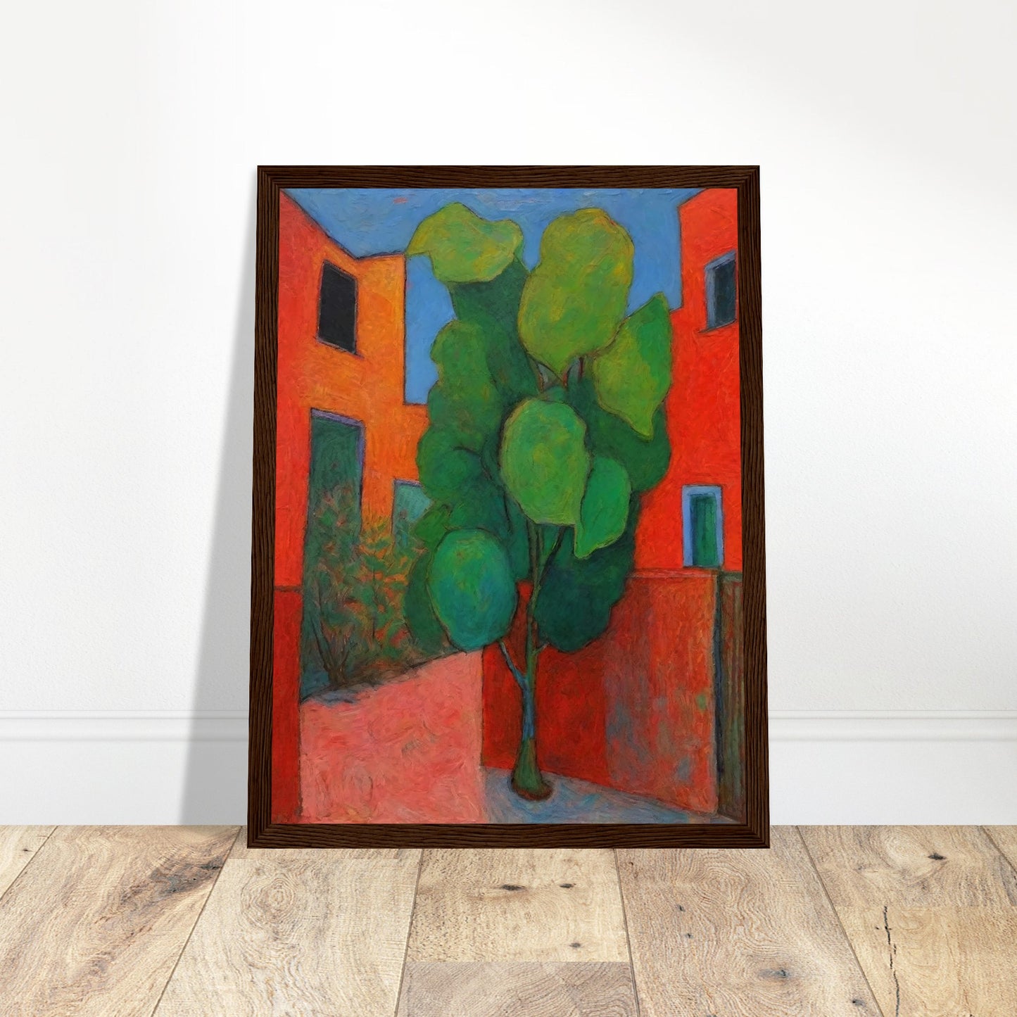 A vibrant painting depicting a green tree in the courtyard of red buildings. The bold colors and abstract style create a lively and dynamic urban scene.