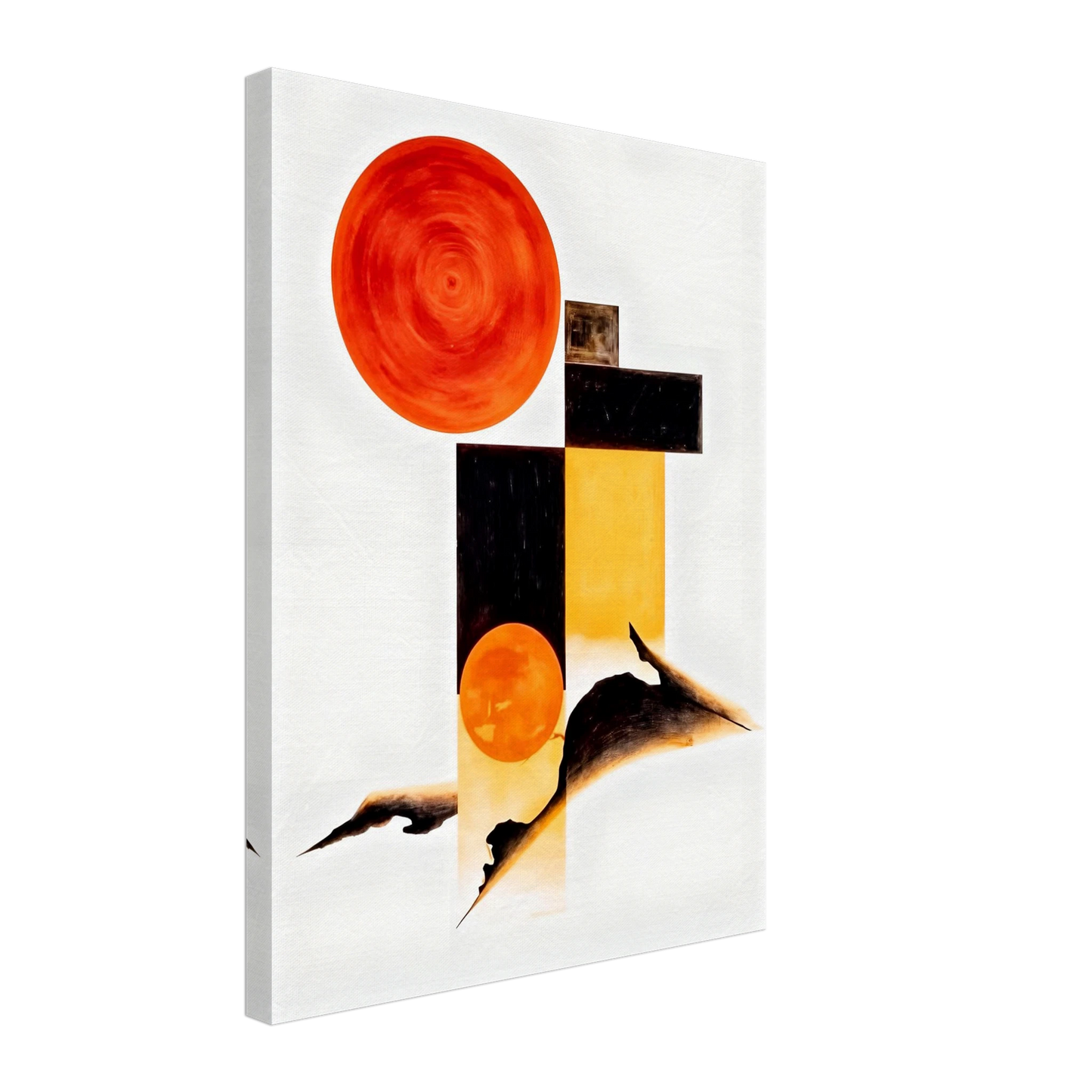 A minimalist abstract composition featuring bold orange circular forms, geometric black and golden rectangles, and flowing dark organic shapes set against a bright white background.