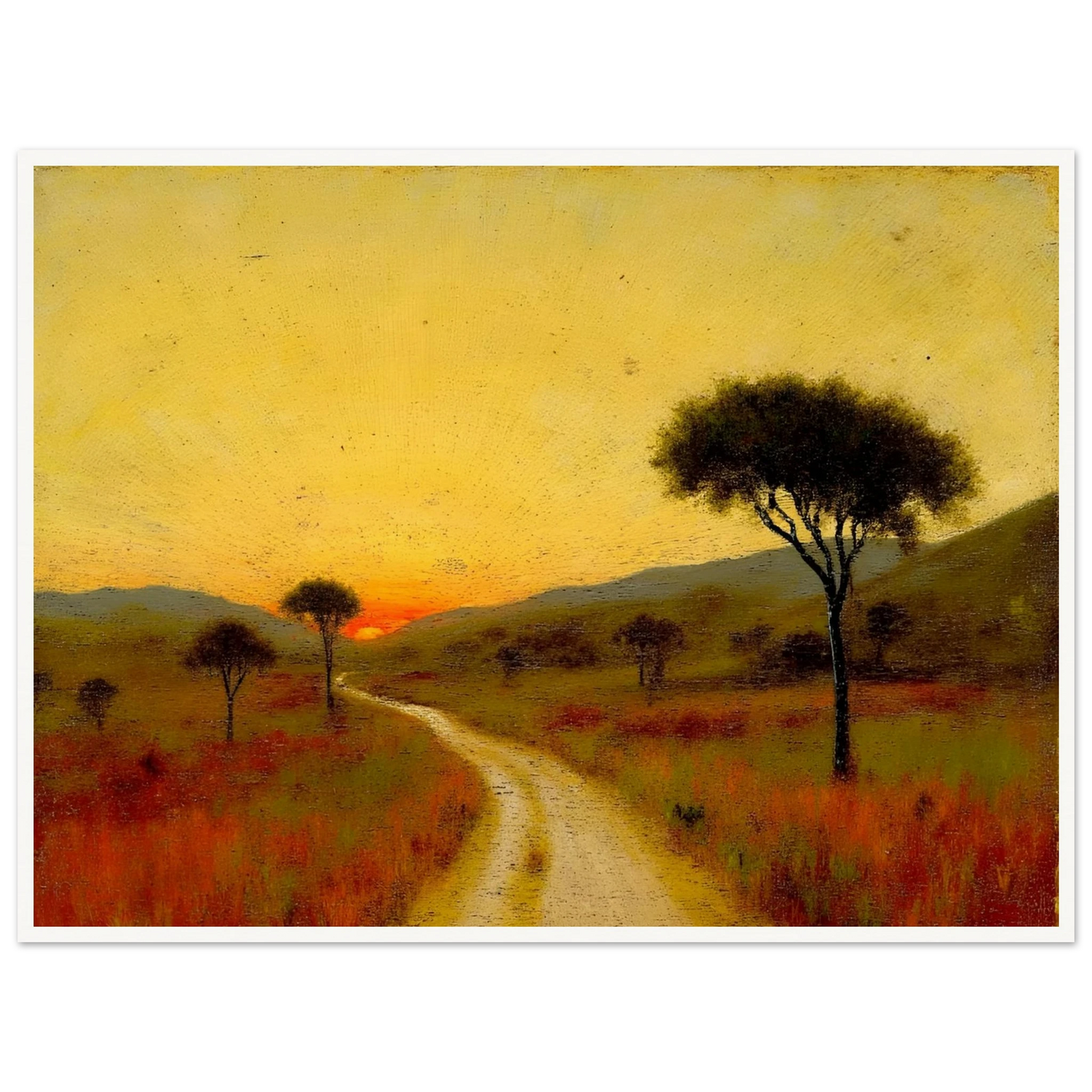 A golden trail winds through a grassy plain at sunset, flanked by scattered trees and glowing hills under a radiant yellow sky.