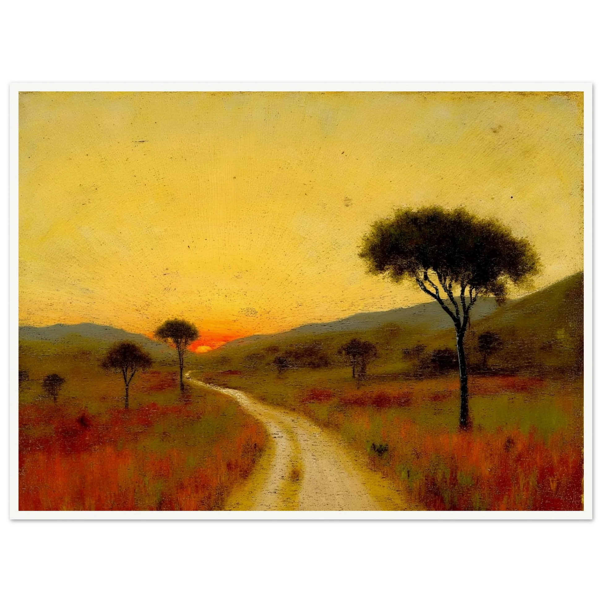 A golden trail winds through a grassy plain at sunset, flanked by scattered trees and glowing hills under a radiant yellow sky.