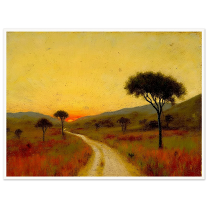 A golden trail winds through a grassy plain at sunset, flanked by scattered trees and glowing hills under a radiant yellow sky.
