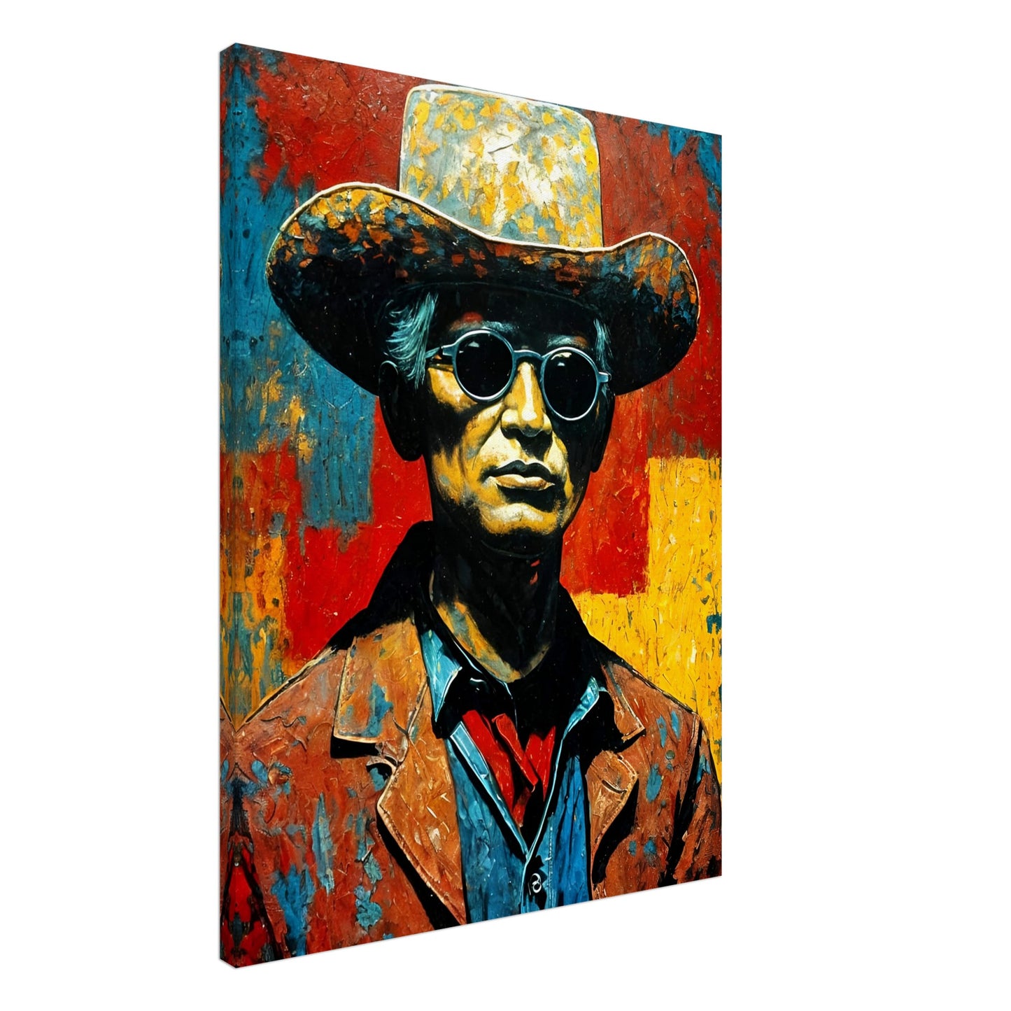 A bold, textured portrait of a cowboy in a weathered hat and sunglasses, set against a vibrant red, yellow, and blue background.