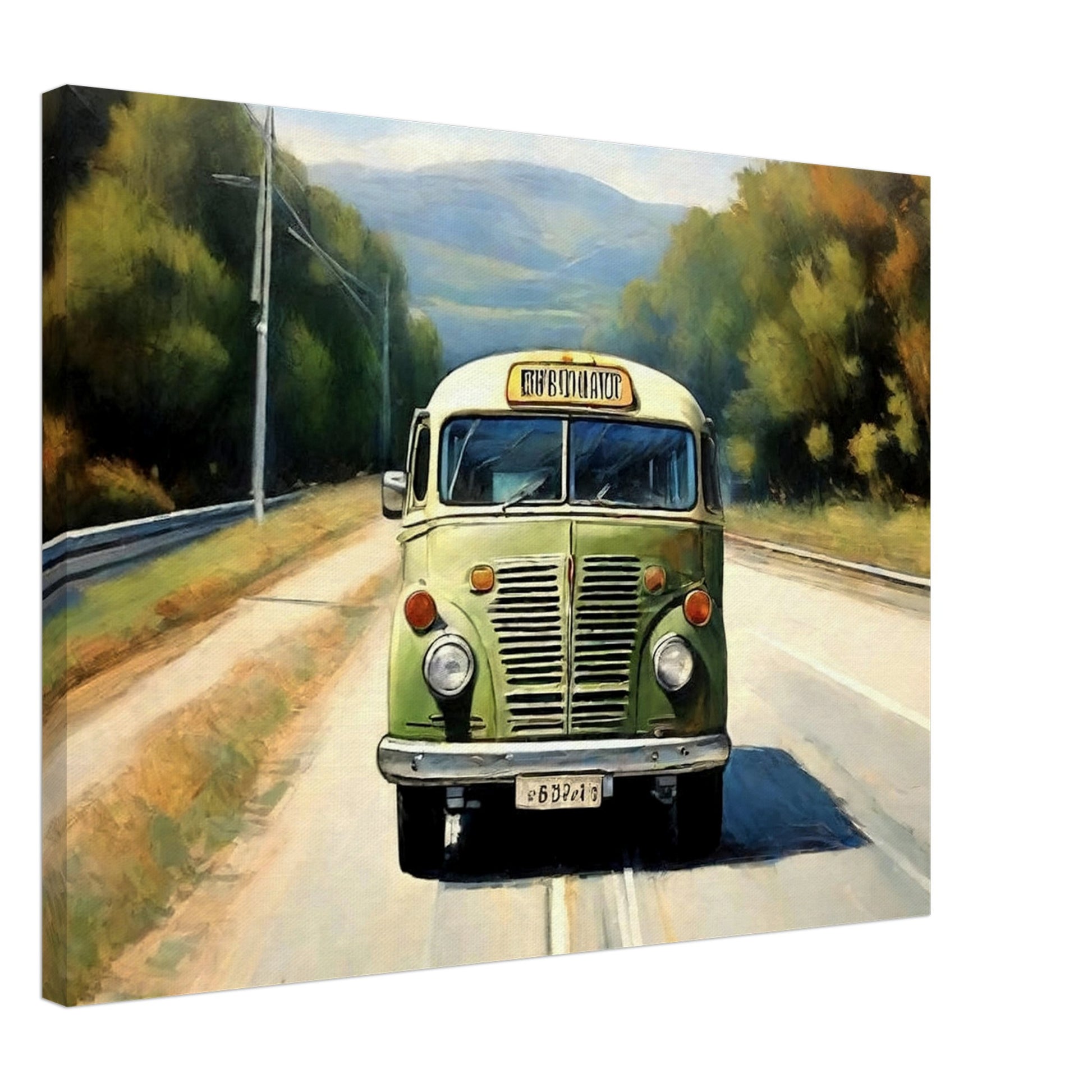 "A nostalgic painting of a vintage green bus traveling on a peaceful countryside road, surrounded by trees and distant hills."