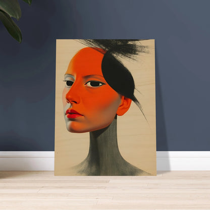 A surreal portrait of a woman with vivid orange skin and intense gaze, blending soft realism with bold graphic contrasts.