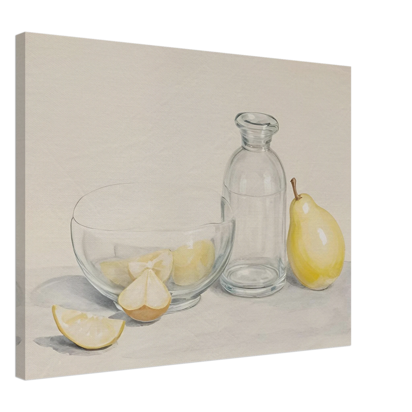 Clear glass bowl with lemon slices, a bottle, and a pear on a light surface in a soft, minimalist still life scene.