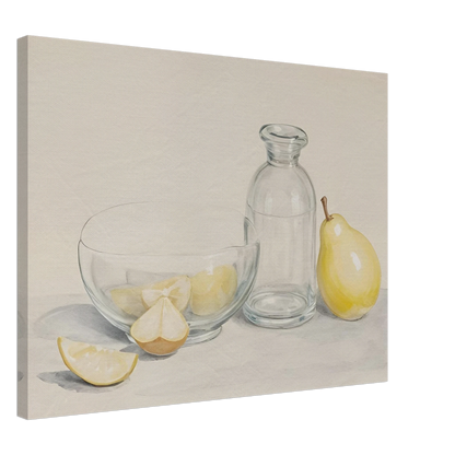 Clear glass bowl with lemon slices, a bottle, and a pear on a light surface in a soft, minimalist still life scene.