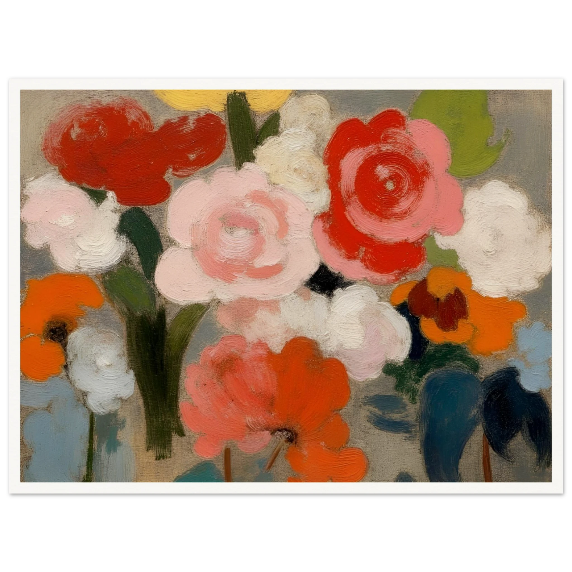 An expressive floral painting featuring large pink, red, white, and orange blossoms with soft green foliage against a muted gray background, rendered in broad painterly brushstrokes.