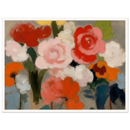 An expressive floral painting featuring large pink, red, white, and orange blossoms with soft green foliage against a muted gray background, rendered in broad painterly brushstrokes.