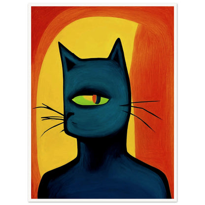 A bold, artistic depiction of a black cat with a single green eye, set against a vibrant orange and yellow abstract background.