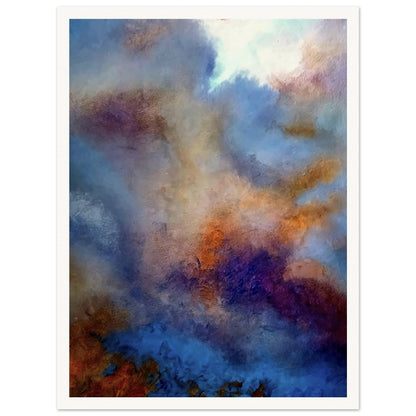 An abstract painting depicting a moody sky with swirling hues of blue, orange, and purple, evoking a dreamy and atmospheric scene.