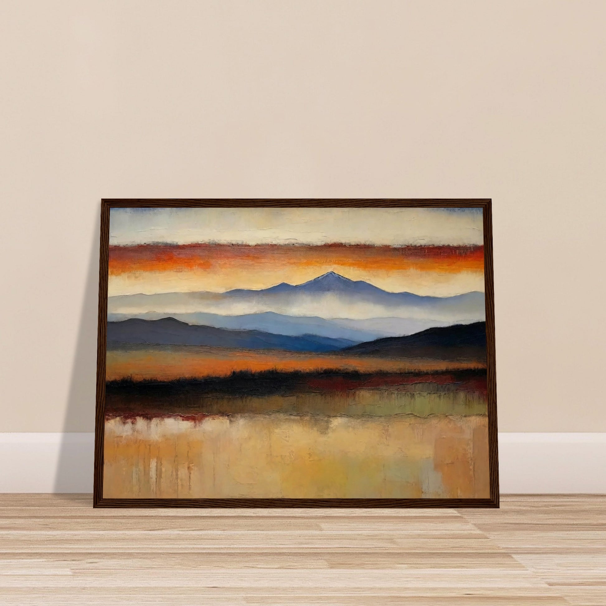 A peaceful painting of a vast landscape with layered mountains in the distance and a colorful sunset sky.