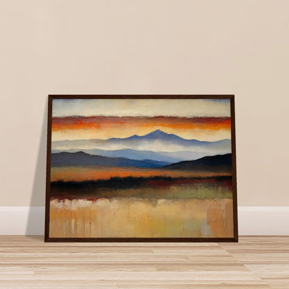 A peaceful painting of a vast landscape with layered mountains in the distance and a colorful sunset sky.