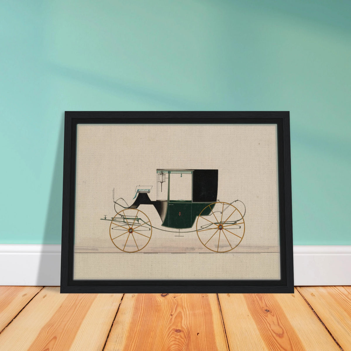 A green and black brougham carriage with yellow wheels is shown in side profile on a pale ground.
