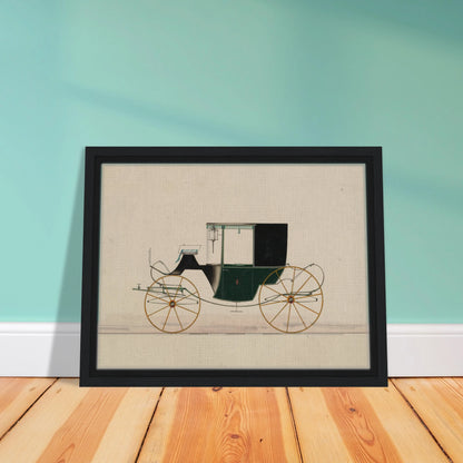 A green and black brougham carriage with yellow wheels is shown in side profile on a pale ground.