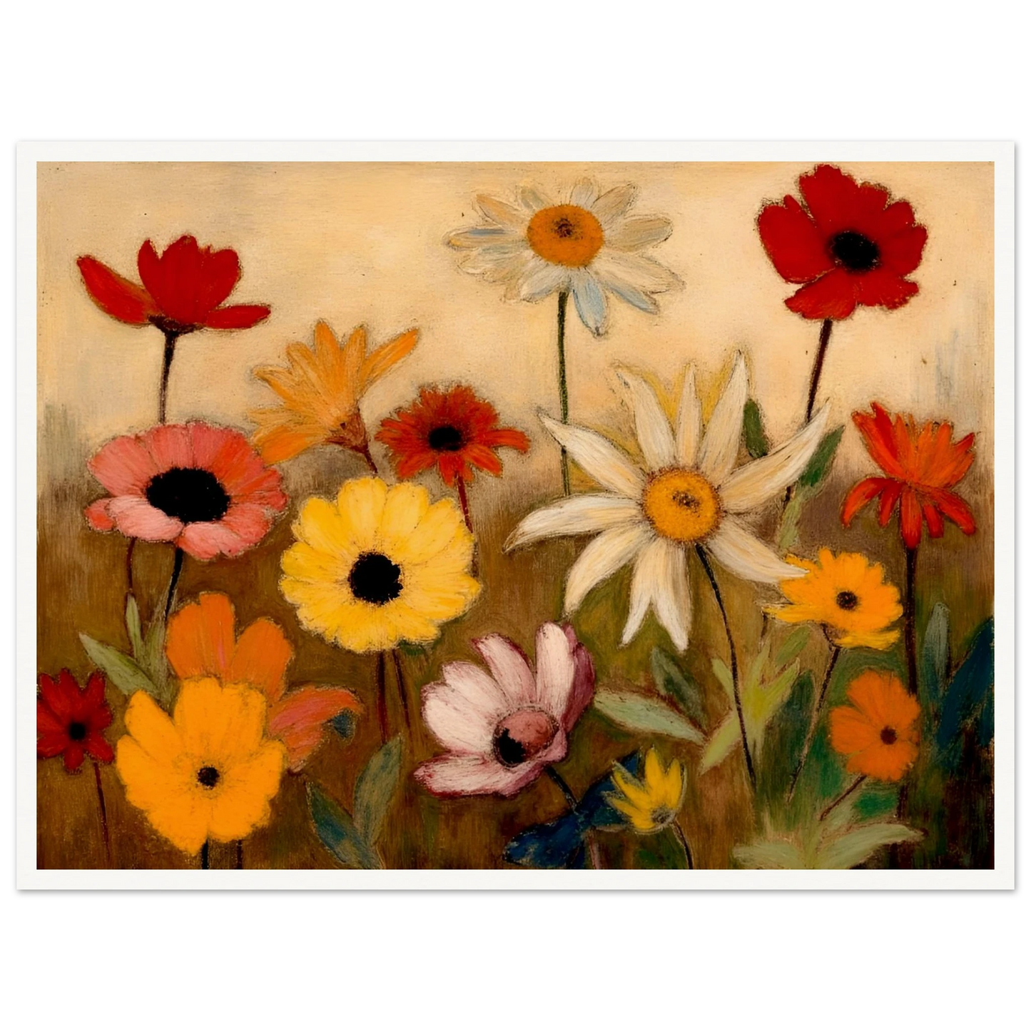 White daisies, red poppies, and golden flowers bloom across a warm meadow scene.