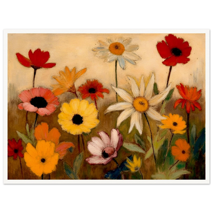 White daisies, red poppies, and golden flowers bloom across a warm meadow scene.