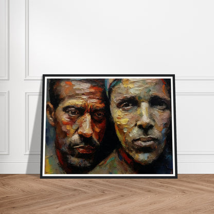 A powerful oil painting of two men with expressive, textured faces, capturing emotions and depth through vibrant brushstrokes.