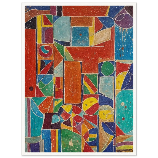 A vibrant abstract painting filled with geometric shapes and bold colors, creating a dynamic and lively composition.