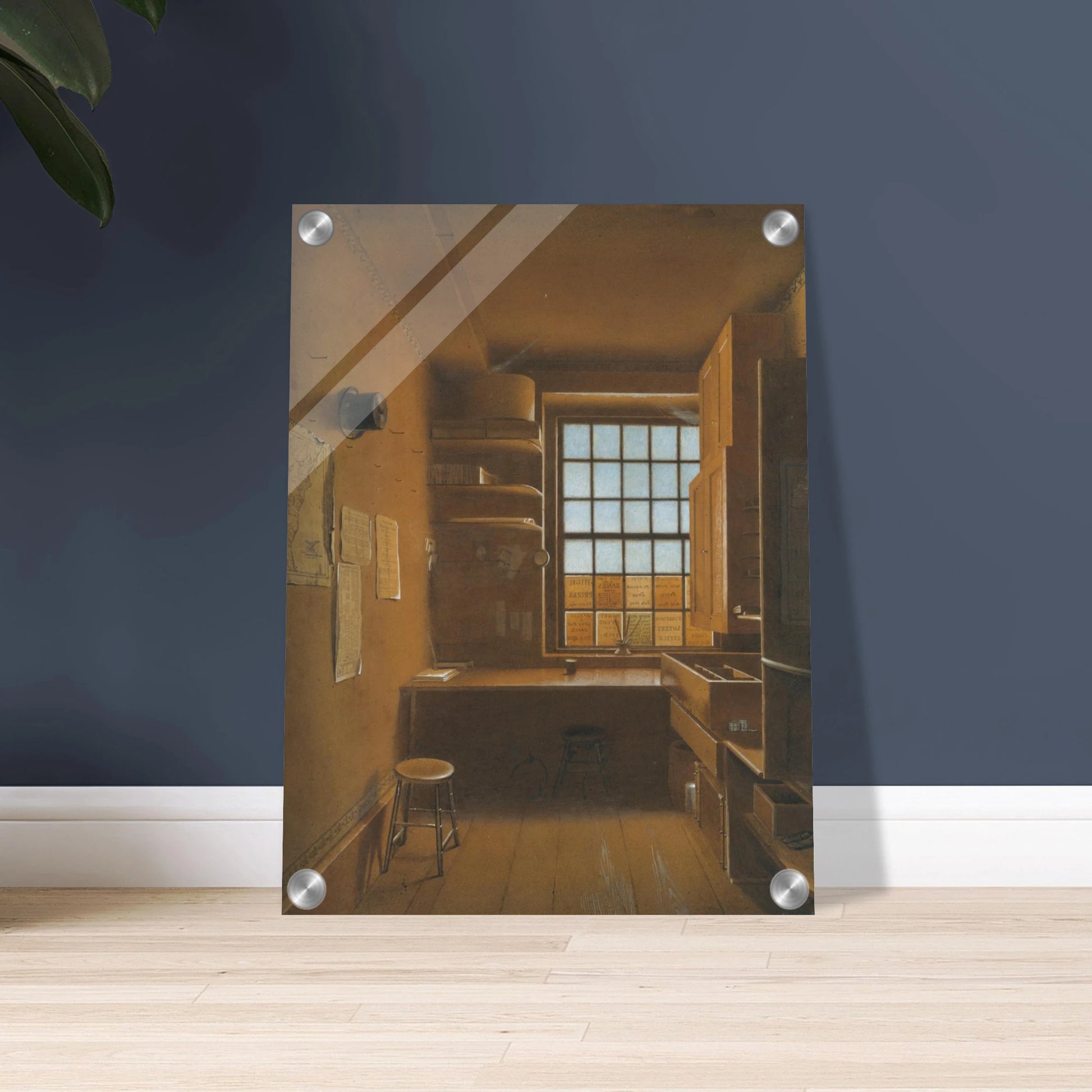 Quiet lottery office interior with wooden desk, stools, shelves, and a sunlit window