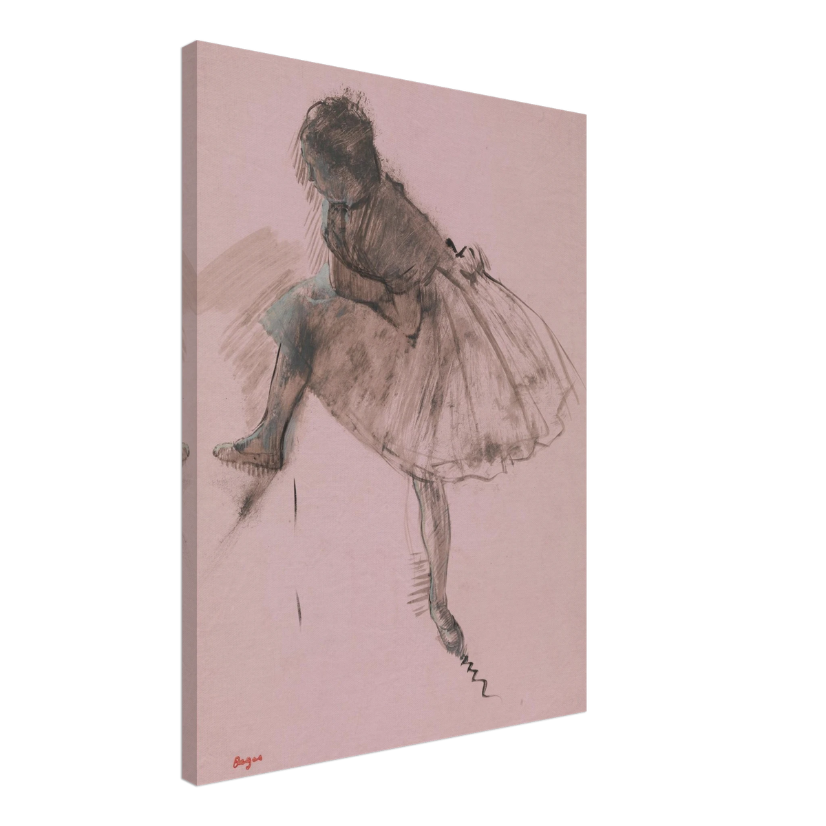 A seated ballerina in a full tutu bends forward, rendered in dark strokes on soft pink paper.