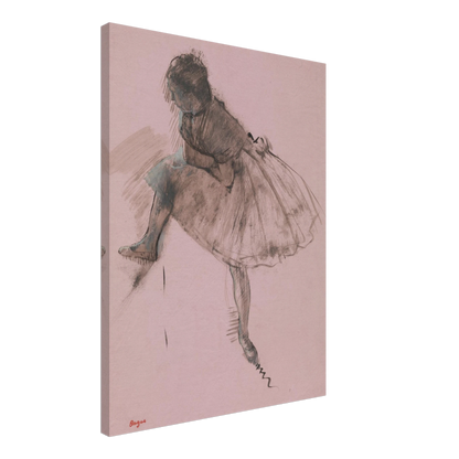A seated ballerina in a full tutu bends forward, rendered in dark strokes on soft pink paper.