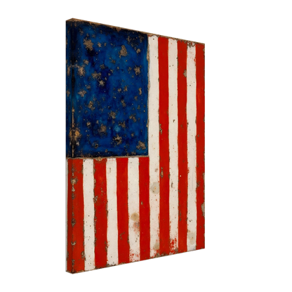 A timeworn American flag with faded stars and stripes, marked by age and texture that reflect enduring spirit.