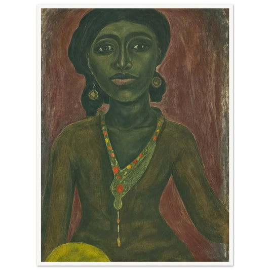 A painting of a woman with a green complexion wearing a beaded necklace and earrings, set against a deep red background.