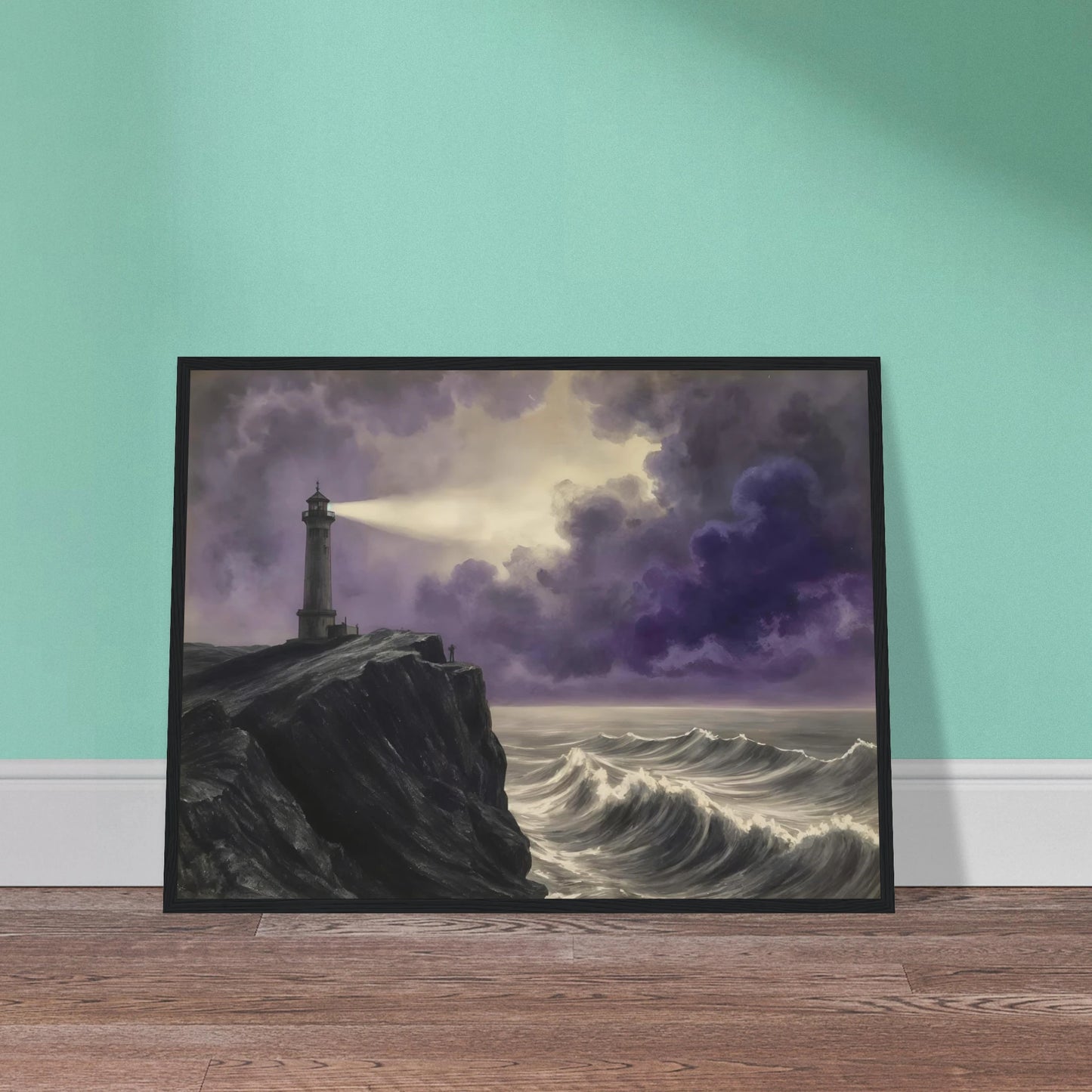 A solitary lighthouse casts its beam through storm-darkened violet clouds above crashing ocean waves against a rugged cliff.