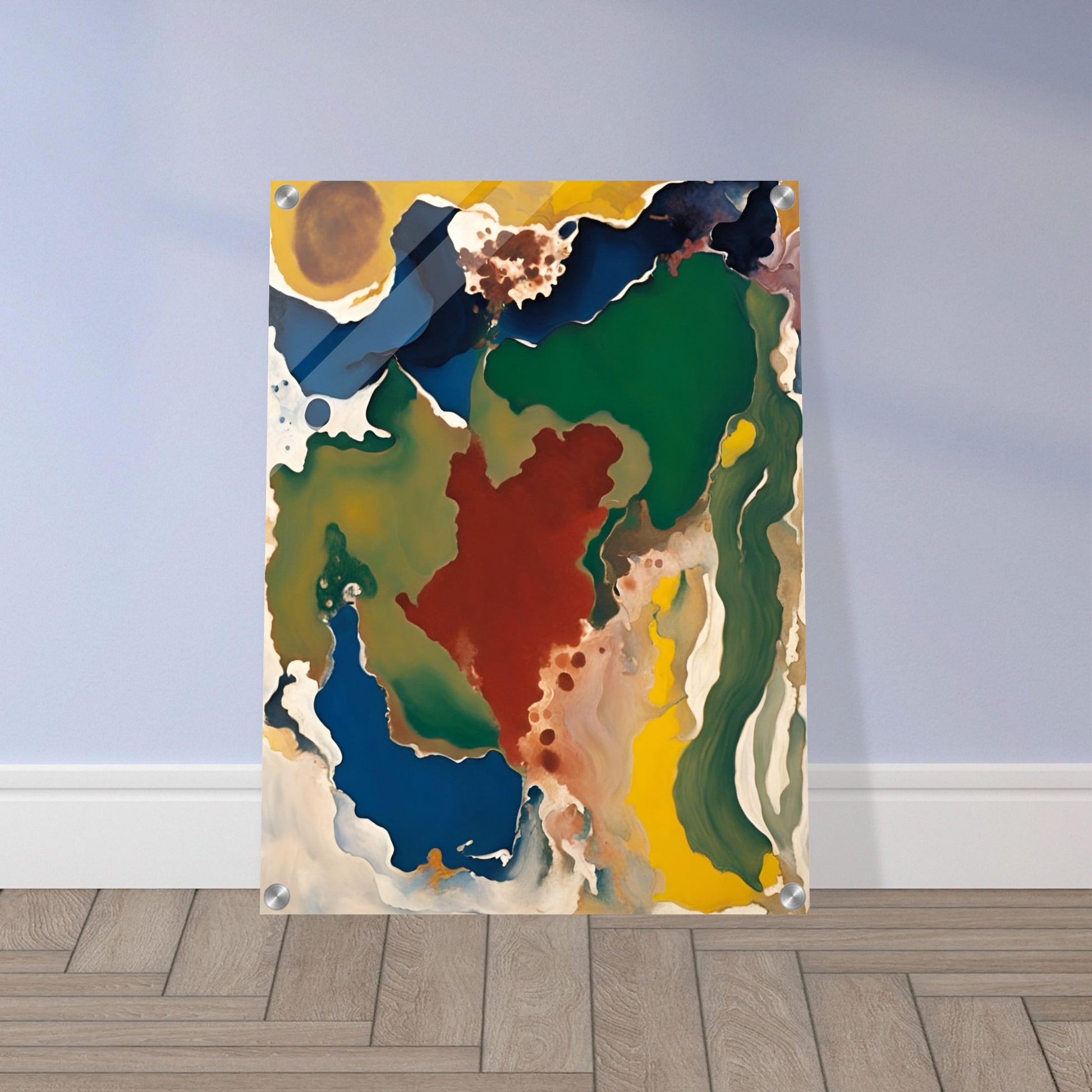 A dynamic abstract painting with fluid, swirling colors of deep greens, blues, reds, and yellows, resembling a dreamlike landscape or organic movement.