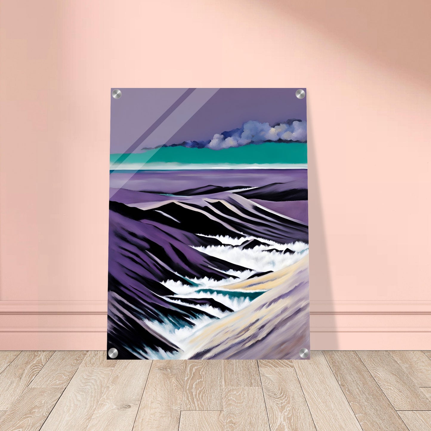 A striking seascape with deep purple mountains, foamy white waves, and a teal horizon beneath dramatic cloud formations.