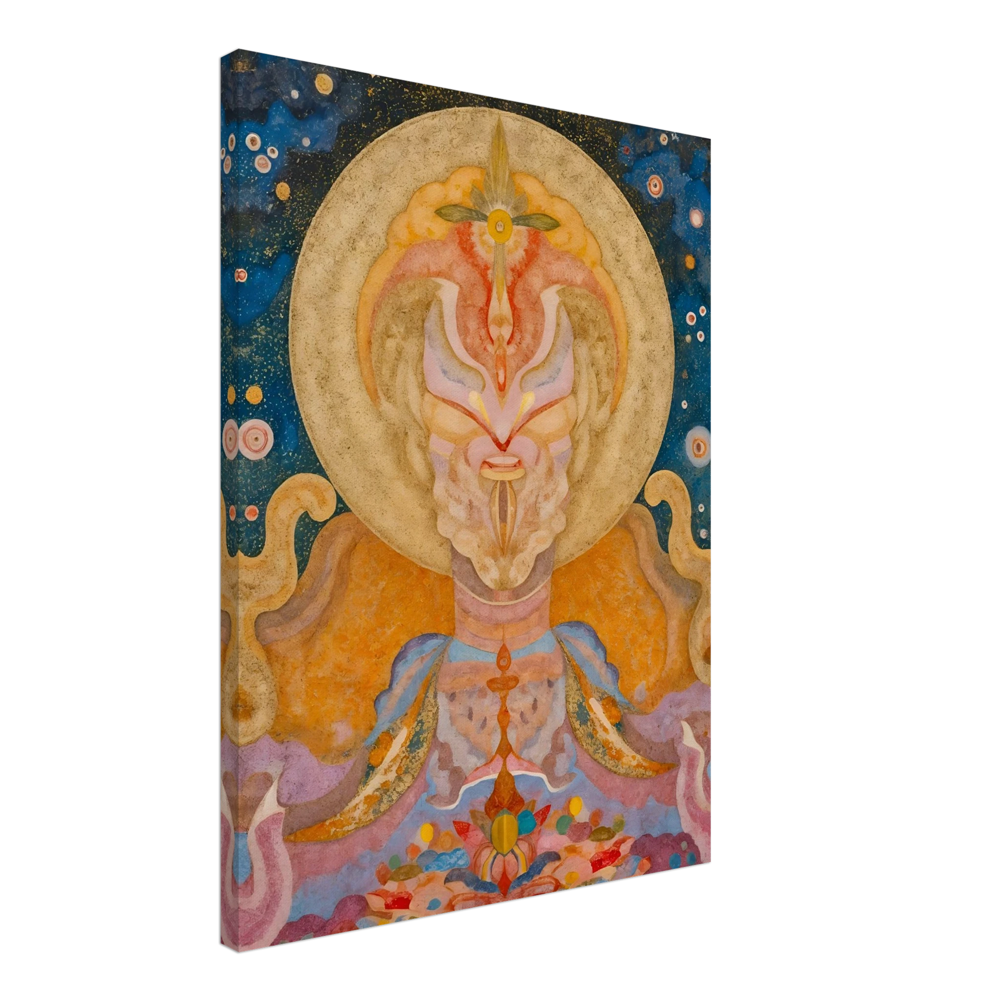 Ornate celestial figure with golden halo, starry blue sky, pastel robes, and floral forms.