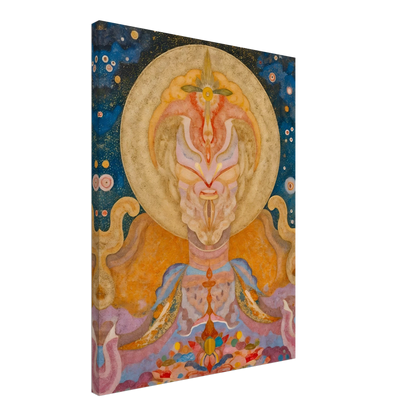 Ornate celestial figure with golden halo, starry blue sky, pastel robes, and floral forms.