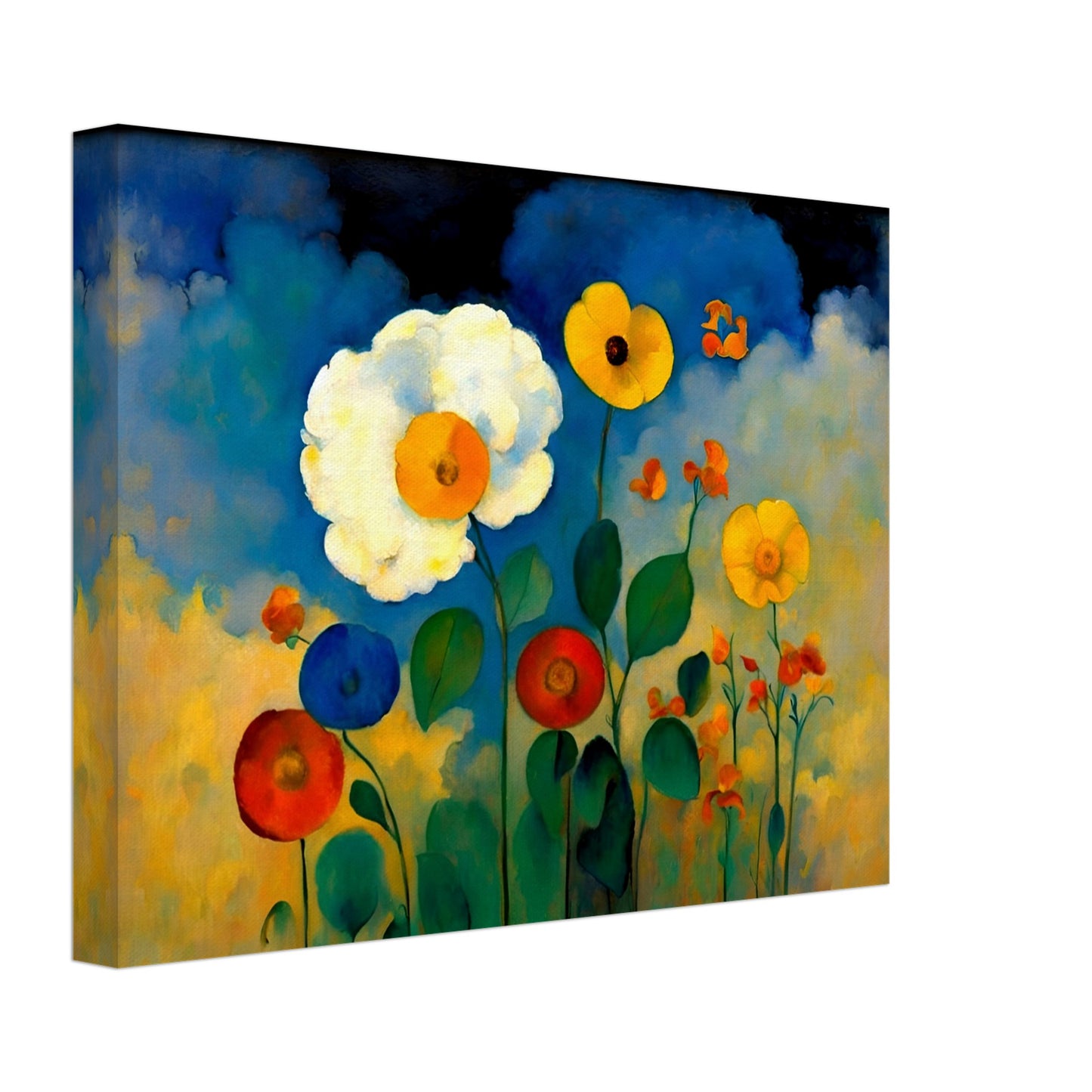 A vibrant floral painting with bold yellow, red, and blue flowers standing against a dreamy sky of deep blues, golds, and soft clouds.