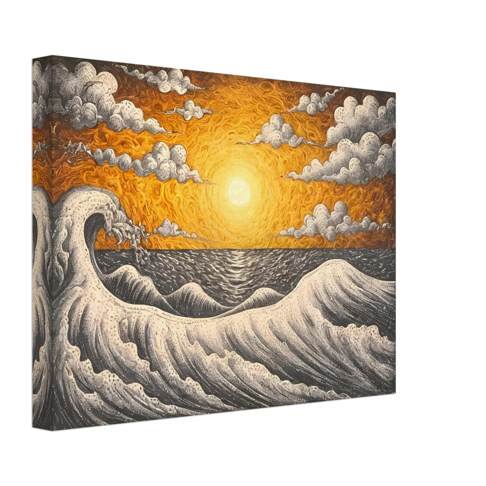 Fiery orange sunset over turbulent black-and-white waves with swirling clouds in a textured seascape.