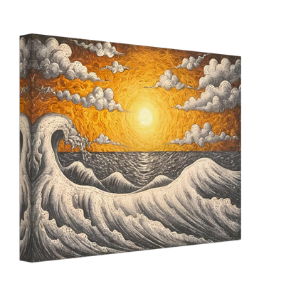 Fiery orange sunset over turbulent black-and-white waves with swirling clouds in a textured seascape.
