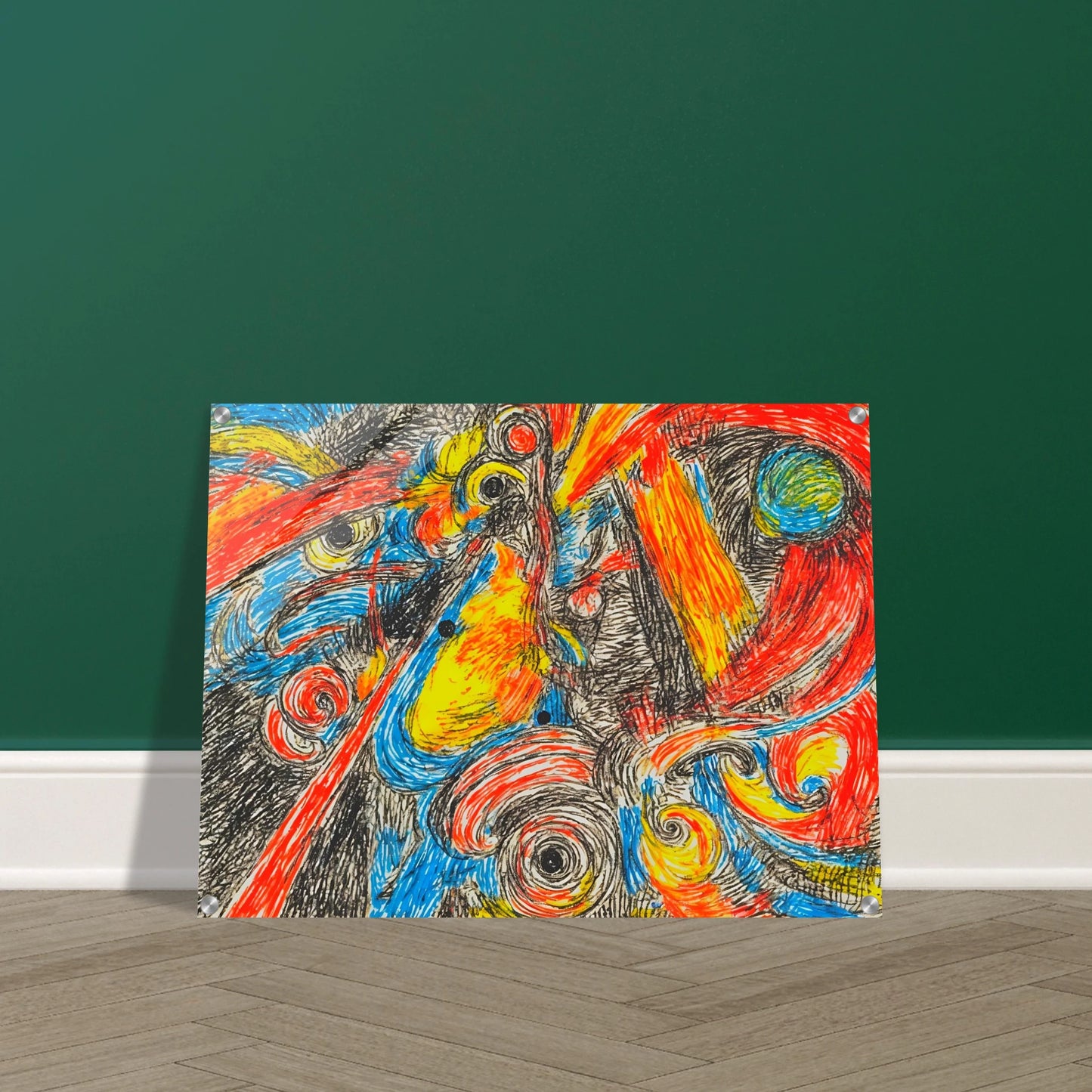 Explosive swirling lines of red, blue, yellow, and black collide in a high-energy abstract composition filled with motion and intensity.